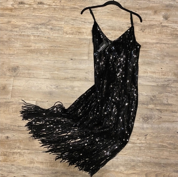 Boohoo NWOT Sequin Fringe Midi Dress Size 16 - Picture 14 of 14
